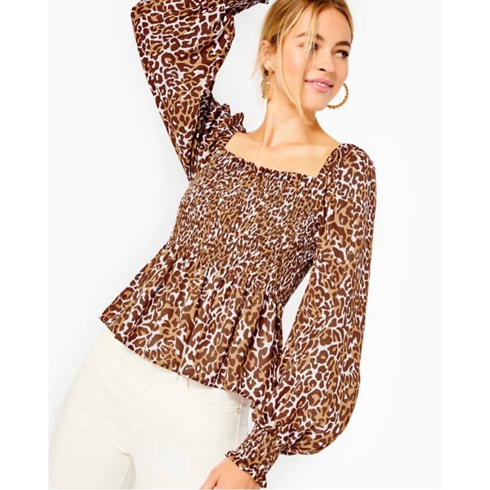 Brand New Lilly Pulitzer Smocked Peplum Demi Top in Cheetah/Leopard Print